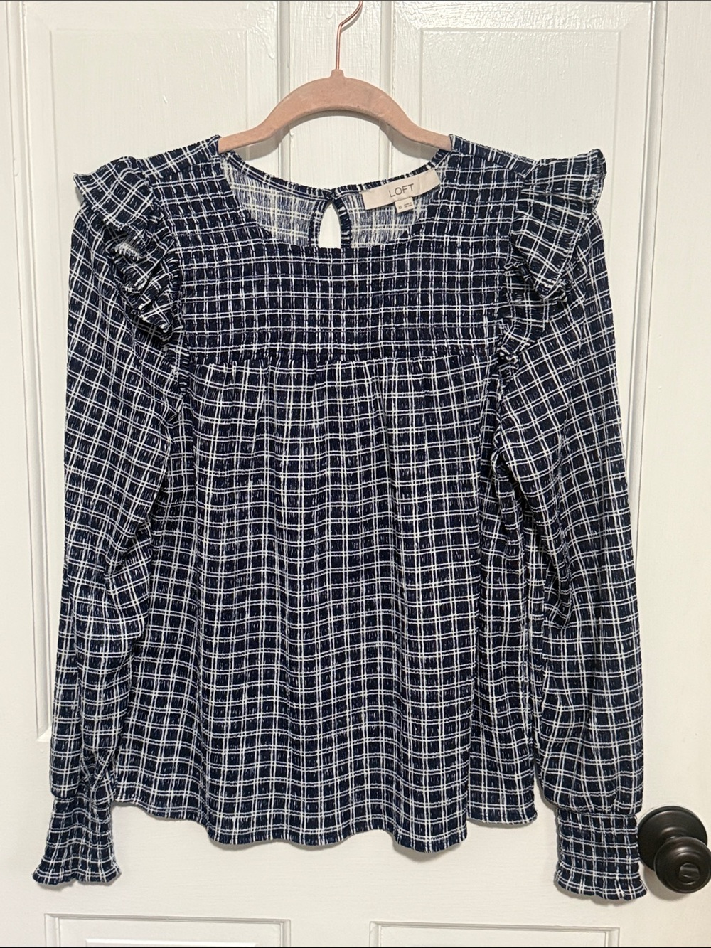 LOFT Navy and White Plaid Ruffle-Shoulder Long Sleeve Top